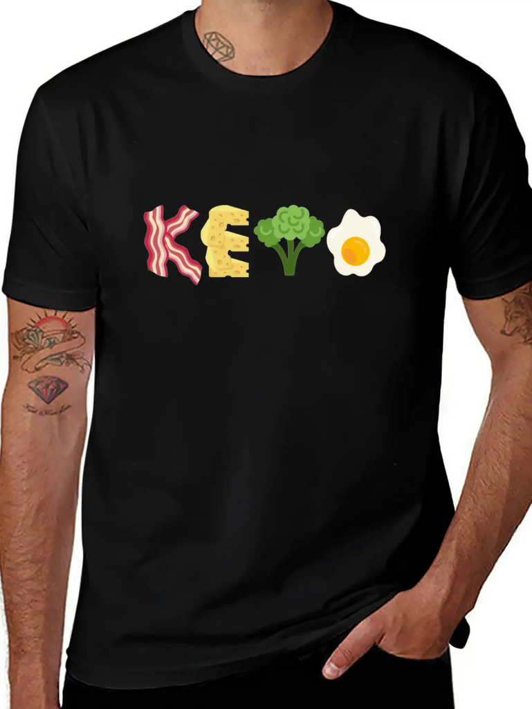 "Keto" Bacon Cheese Broccoli Egg Letters Classic Crew Neck Graphic Tee – Everyday Minimal Look