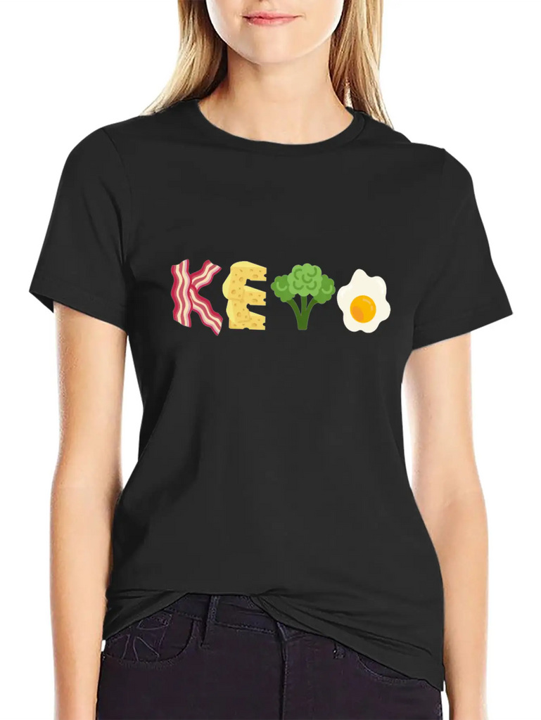 "Keto" Bacon Cheese Broccoli Egg Letters Classic Crew Neck Graphic Tee – Everyday Minimal Look